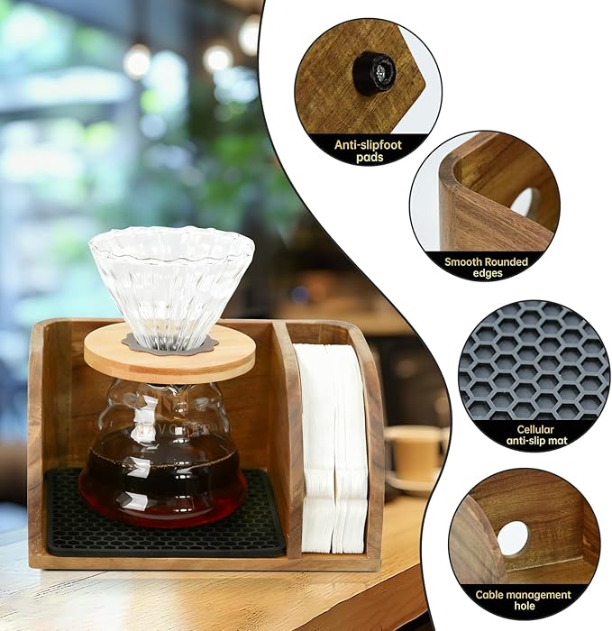 Acacia Coffee Bar Station Organizer Stand, Wooden Pour Over Maker Caddy Storage Organizers, Coffee Filter Holder for Countertop with Heatproof Mat (9.4*7*5.1 inch) Glass Coffee Maker not included