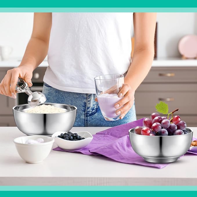 Funnymoom 4 Pack 34 oz Stainless Steel Bowls Double Walled Insulated Soup Ice Cream Metal Mixing Nesting Bowls for Serving Soup Rice Cereal