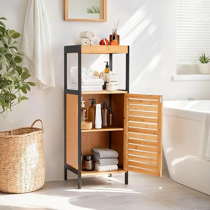 35" Bamboo Bathroom Storage Cabinet with Open Shelf, Solid 3 Tier Freestanding Floor Cabinet with Sliding Door, Waterproof Bamboo Organizer for Bathroom, Kitchen, or Entryway