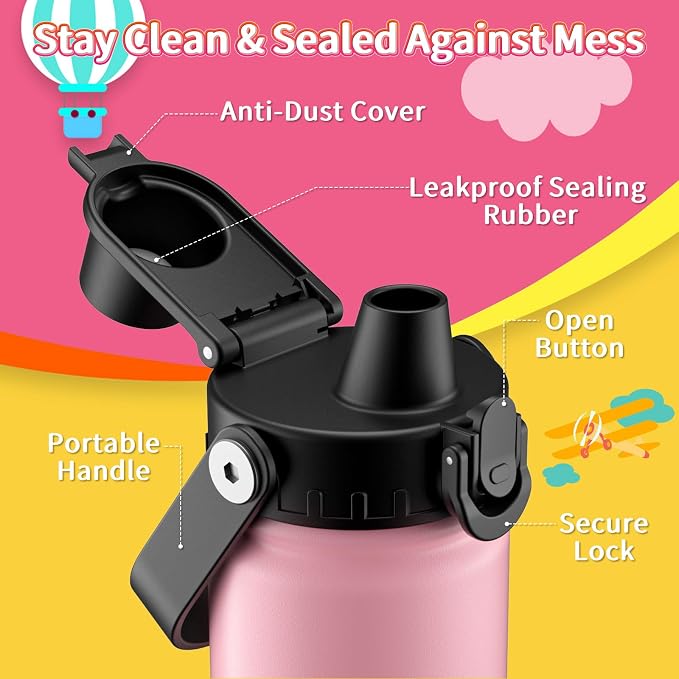 baab 20oz Kids Water Bottle, Insulated Kids Water Bottle with Lockable Spout Lid & Stickers, 18/8 Stainless Steel Vacuum Leakproof Kid Water Cup for Boy Girl & School (Pink+Mint Green, 2 Pack)