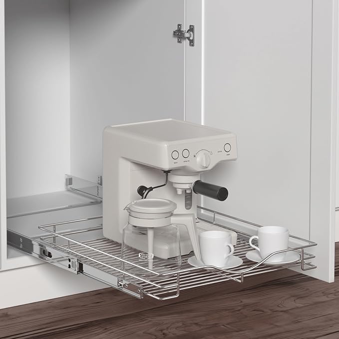 DINDON Pull Out Cabinet Organizer, (14" W x 21" D) Heavy-Duty Metal Sliding Drawer Shelf, Bathroom Under Sink Kitchen Cabinets Organizer and Storage Slide Out Shelves, Chrome, 1 Tier, 2 Pack