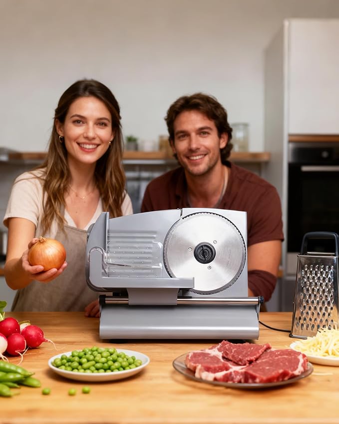 Pterying Meat Slicer Machine for Home - 200W Electric Food Slicer with 2 Removable 7.5" Stainless Steel Blades and Tray, Adjustable and Child Lock Protection, Slicer Machine for Meat Bread