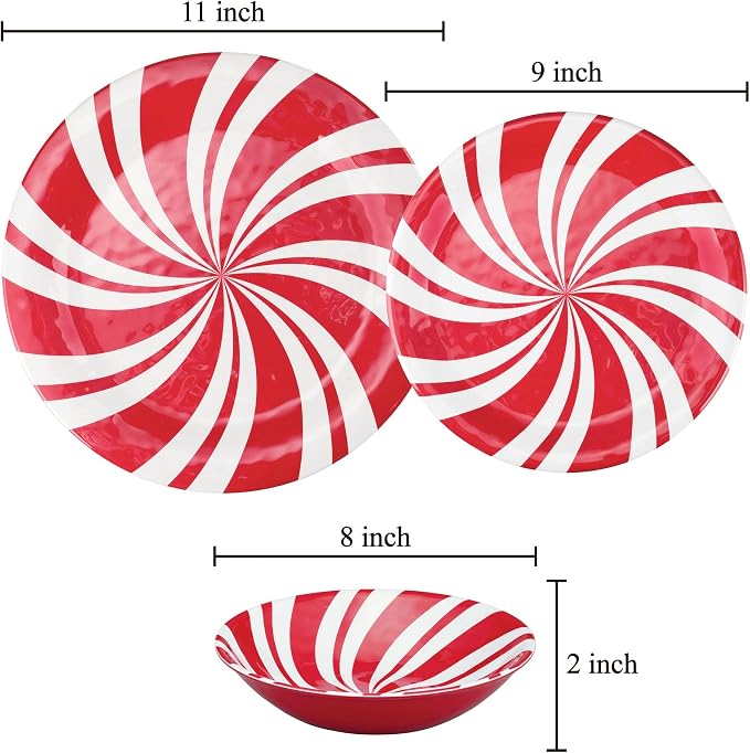 UPware 12 Piece Peppermint Melamine Dinnerware Sets, Outdoor Dishes Set, Plates and Bowls Sets, Christmas Decorations, Service for 4, Red