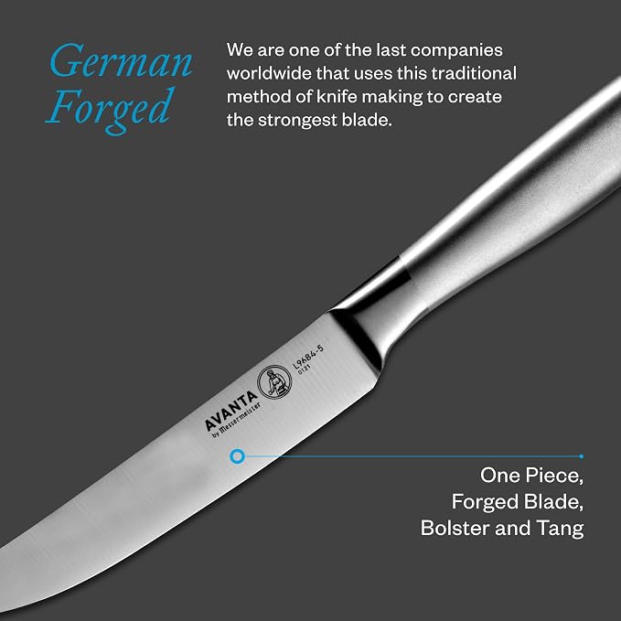 Messermeister Avanta Forged 5” Fine Edge Steak Knife Set - German X50 Stainless Steel - Rust Resistant & Easy to Maintain - Includes 4 Steak Knives