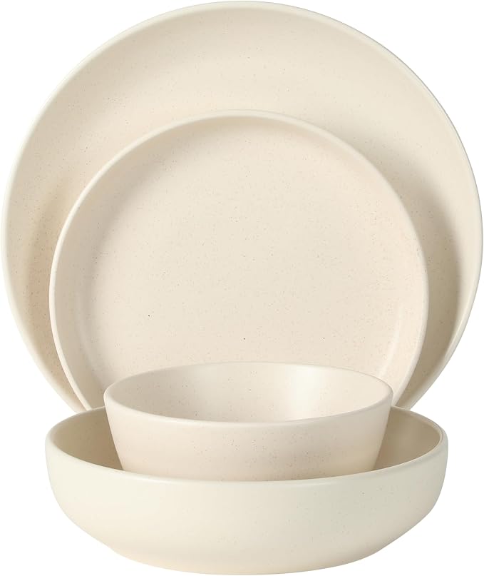 Gibson Elite Leeds Court Plates and Bowls Sets, 16-Piece Stoneware Dinnerware Sets, Cream White, Round Speckle Reactive Glaze Dish Set