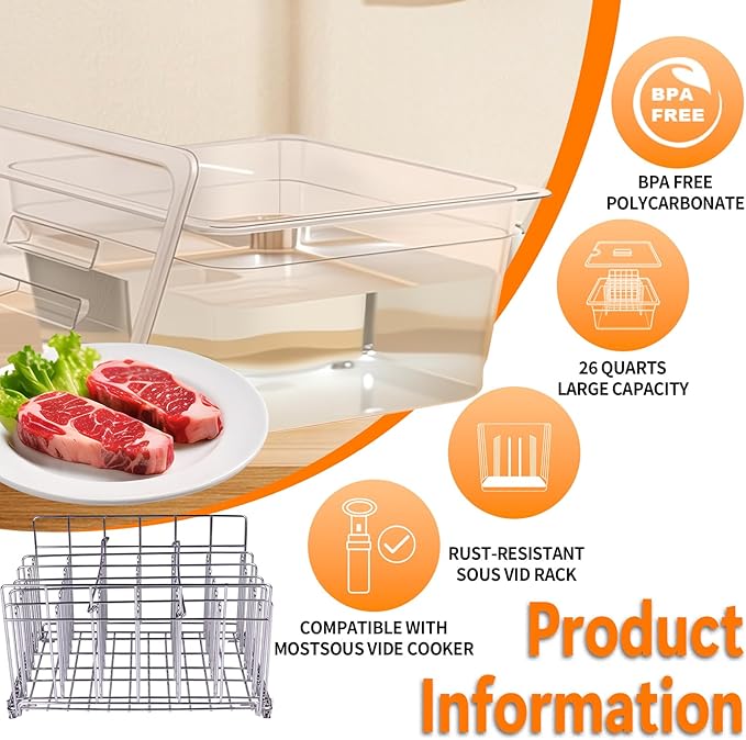 26 Quart Sous Vide Containers with Lid & Rack Compatible with Wancle Anova Nano AN500-US00 Pro 3.0 Mini Joule,most Instant Pot Sous Vide Cooker,BPA Free (Container with lid and rack, 26 QT)