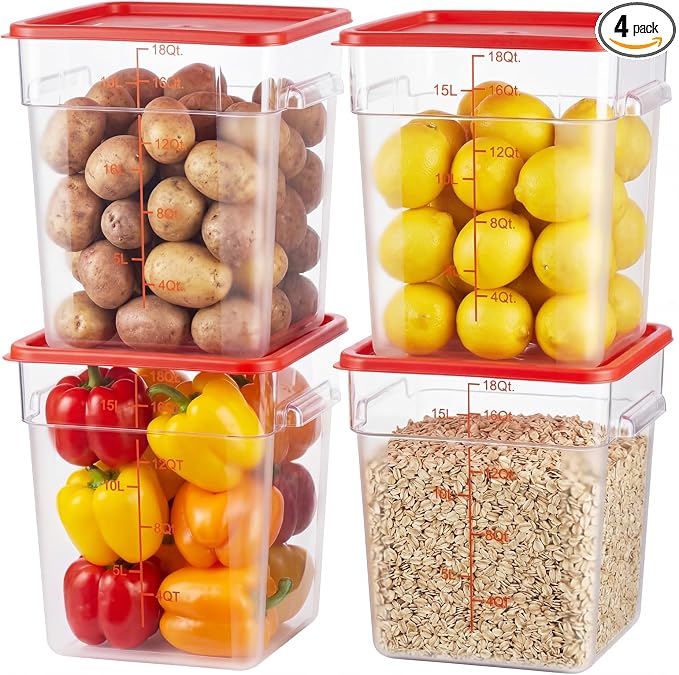 4 Pack Food Storage Containers with Red Lids, 18.0 Qt - Square, Clear, Polycarbonate, for Restaurant Commercial Kitchen and Home party
