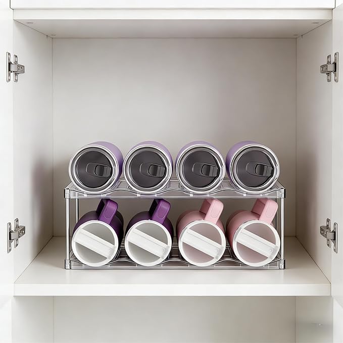 Stackable Water Bottle Organizer for Cabinet,2 Tier Water Bottle Holder for Stanley Yeti 40 oz Bottle Shelf,Clear Tumbler Storage Organizer,Wine Rack,Cup Organizer for Kitchen Cabinets Counter Pantry