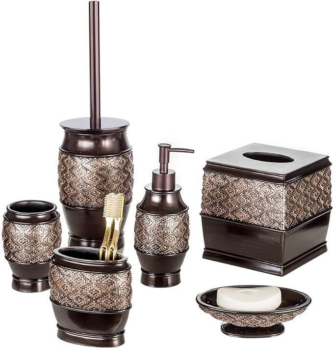 Creative Scents Dublin Brown Bathroom Accessories Set 6-Piece Resin Bathroom Decor Set Includes Toilet Bowl Brush and Holder, Tissue Box Cover, Soap Dispenser, Soap Dish, Cup, & Toothbrush Holder