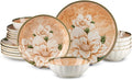 18 Pcs Service for 6 Ceramic Dinnerware Set, Elegant Camellia | Thanksgiving Dinner, Vintage Table Deco, Stackable Porcelain Plates and bowls, Microwave & Dishwasher Safe