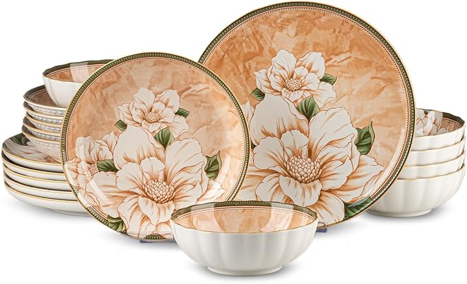 18 Pcs Service for 6 Ceramic Dinnerware Set, Elegant Camellia | Thanksgiving Dinner, Vintage Table Deco, Stackable Porcelain Plates and bowls, Microwave & Dishwasher Safe