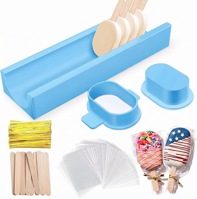 3 Inch Cakesicle Cutter and Cake Pop Mold Set with 8.7in Tray, 100 Wooden Sticks & 100 Bags, Silicone Cakesicle Mold for Homemade Cake Pops, Baking, Birthdays and Party Desserts (Sky Blue)