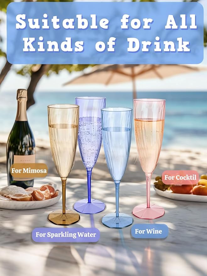WDF 12PCS Colorful Plastic Champagne Flutes - 6 OZ Colorful Disposable Champagne Flutes - Perfect for Wedding/Party/Birthday