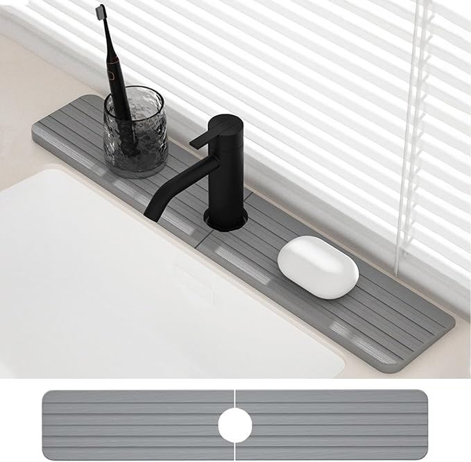 Kitchen Sink Splash Guard - Diatomite Kitchen Faucet Absorbent Mat,Faucet Mat for Kitchen Sink,Super Absorbent,Prevents Moisture Buildup-Diatomaceous Fast Drying Stone Sink Tray(Gray, 15.7" X 3.9")