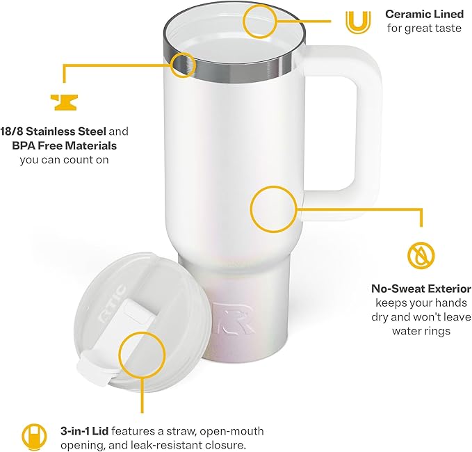 RTIC 30 oz Road Trip Tumbler Double-Walled Ceramic Lined InsulatedStainless Steel Portable Travel Coffee Mug Cup with Lid, Handle and Straw, White Glitter