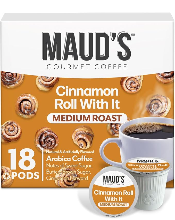 Maud's Cinnamon Roll Flavored Coffee Pods, 18 ct, Medium Roast Flavored Coffee in Single Serve Pods – 100% Arabica Beans, Compatible with Keurig K Cups Maker