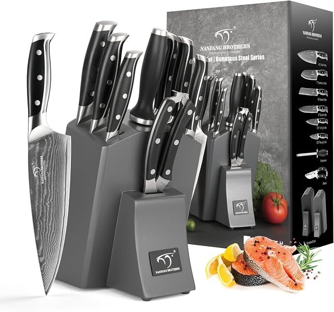 Damascus Kitchen Knife Set with Block, 9-Piece 67-Layer VG10 Damascus Steel Knife Set with Triple-Rivet Handles, Chef, Santoku, Utility, Bread & Paring Knives, Sharpener, Shears, Grey