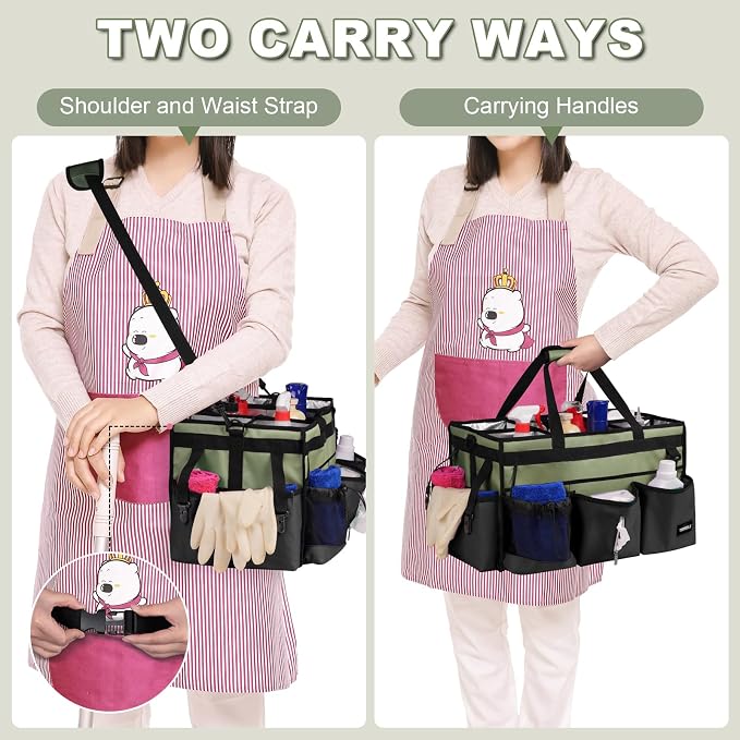 Extra Large Cleaning Caddy Bag with Built-In Support Board, Cleaning Tote Organizer with Removable Divider, Supply Carryall with Adjustable Shoulder Strap and Waist Belt for Cleaners & Housekeeper
