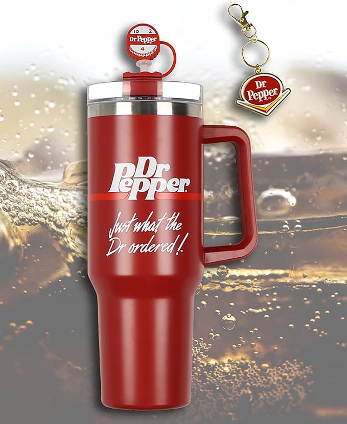 Culture Fly Dr Pepper 30-oz Stainless Steel Tumbler Cup Set with Handle Straw Cover Topper Retro Logo Keychain Insulated Travel Mug