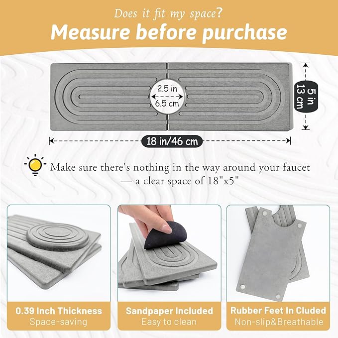 Diatomite Kitchen Sink Water Splash Guard, 18'' Drying Neat Stone Sink Tray, Modern Stylish Faucet Handle Drip Catcher Stone, Absorbent Mat for Kitchen Counter, Gift for Valentine's Day, Light Gray