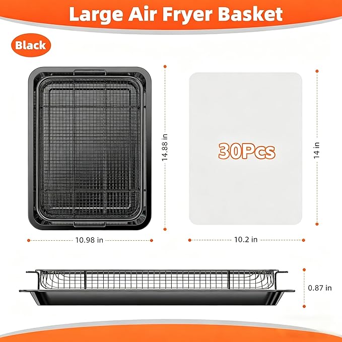 Air Fryer Pans for Oven, Oven Air Fryer Basket and Tray with Cooking Guide &30 PCS Parchment Papers, DEGOVIN Crisper Tray Non-stick Stainless Steel Air Fry Pans for Convection Oven(14.88"×10.98"Black)