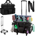 Large Rolling Cleaning Caddy with Wheels, Cleaning Supplies Organizer with Detachable Trolley, Water-resistant Cleaner Cart for Housekeepers, Multi Pocket Cleaning Cart with Shoulder Strap, Black