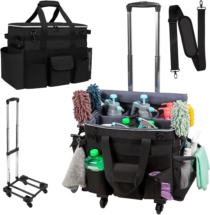 Large Rolling Cleaning Caddy with Wheels, Cleaning Supplies Organizer with Detachable Trolley, Water-resistant Cleaner Cart for Housekeepers, Multi Pocket Cleaning Cart with Shoulder Strap, Black