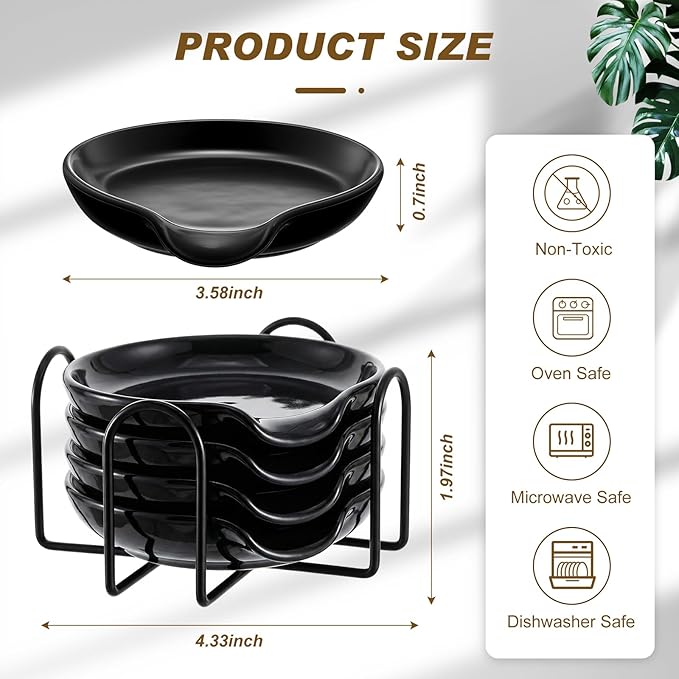 Bokon 4 Pack Ceramic Spoon Rest with Holder, Kitchen Utensil Rest for Stove Top, Dipping Sauce Dishes, Heat Resistant and Dishwasher Safe (Black)
