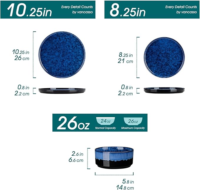 vancasso Starry Plates and Bowls Sets,12 Pieces Blue Dinnerware Sets for Kitchen,Modern Stoneware Dishes Set for 4,Dishwasher and Microwave Safe