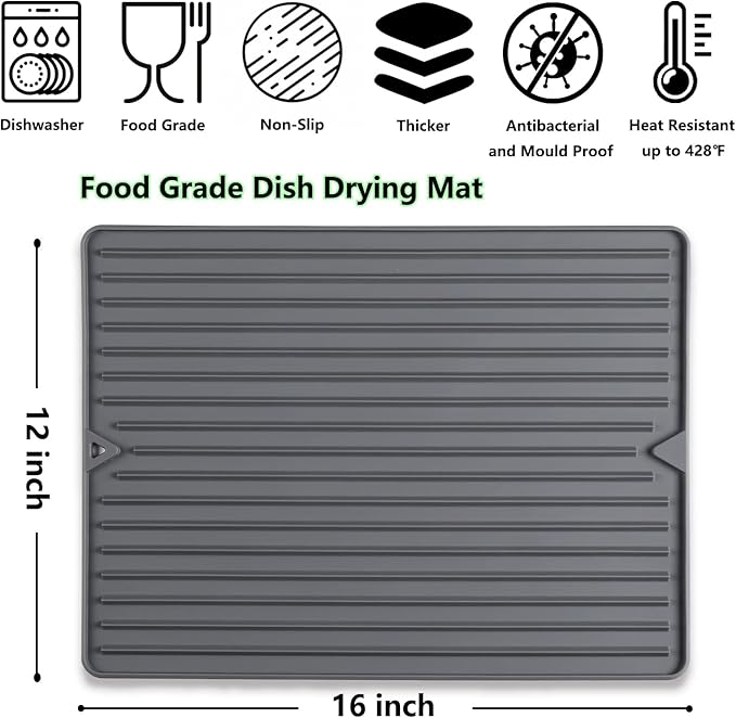 Dish Drying Mat, Flexible Silicone Drying Mat for Kitchen Counter, Heat Resistant Silicone Trivet for Countertop Protector, Super Thick Non-Slip Dish Drying Pad for Under Rack, 12” x 16”