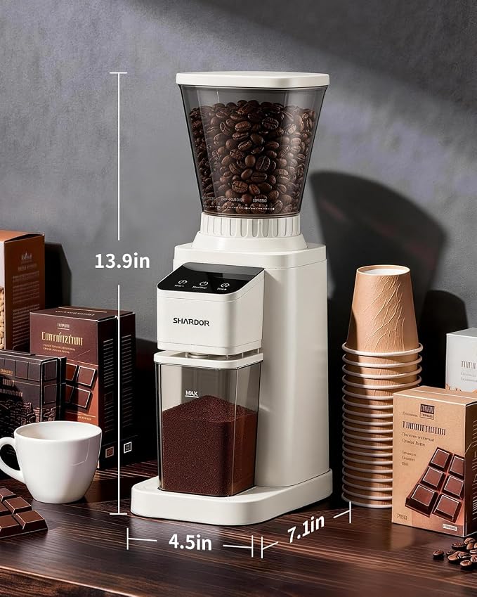 SHARDOR Professional Conical Burr Coffee Grinder, Coffee Bean Grinder with 48 Grind Settings for Espresso, Drip & French Press, Upgraded Anti-Static Technology, Precision Timer, White