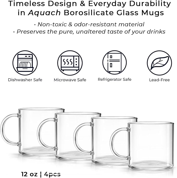 Aquach 12oz Glass Mugs Set of 4, Clear Borosilicate Cups with Handle | Dishwasher/Microwave Safe, 3.5mm Thick, Single-walled, Smooth Rim, Stable Flat Base, Fits Hot/Cold Brews