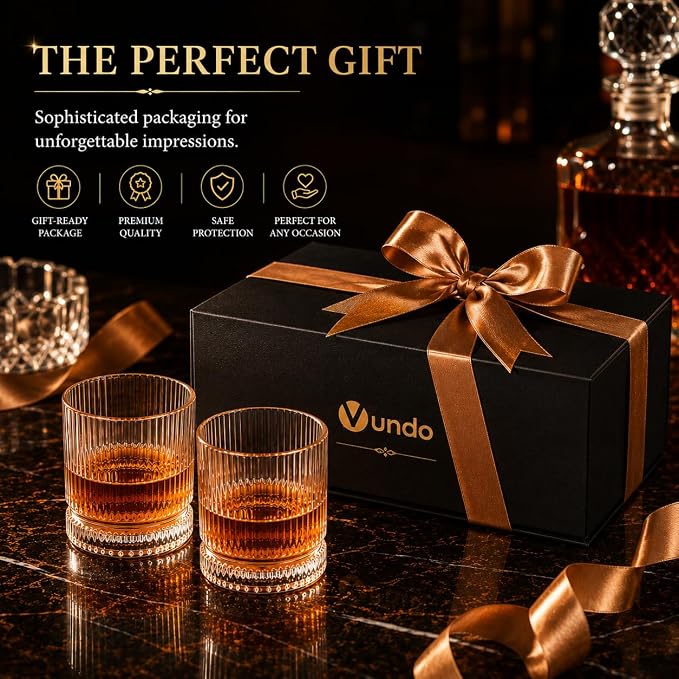 Vintage Whiskey Glasses Set of 2, 12 oz Crystal, Luxury Gift Box | Old fashioned, ribbed design, gift-ready box, birthday, Father's Day, Christmas, gifts for men, home barware