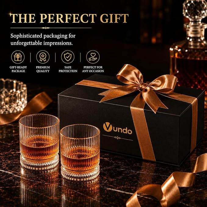 Vintage Whiskey Glasses Set of 4, 12 oz Crystal, Luxury Gift Box | Old fashioned, ribbed design, gift-ready box, birthday, Father's Day, Christmas, gifts for men, home barware