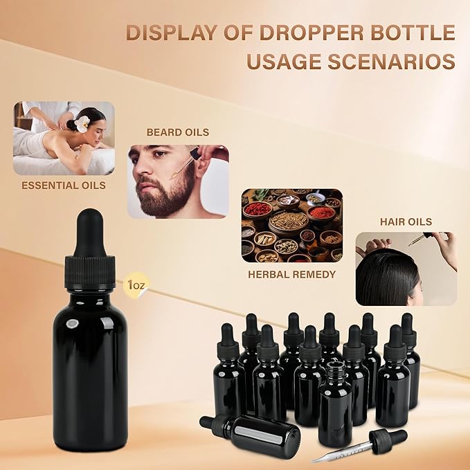 NOOEEISS 12 Pcs, 1oz Black Glass Eye Dropper Bottle, Tincture Bottles with Leak-Proof Design, Stronger Suction, for All Kinds of Mixed Liquids