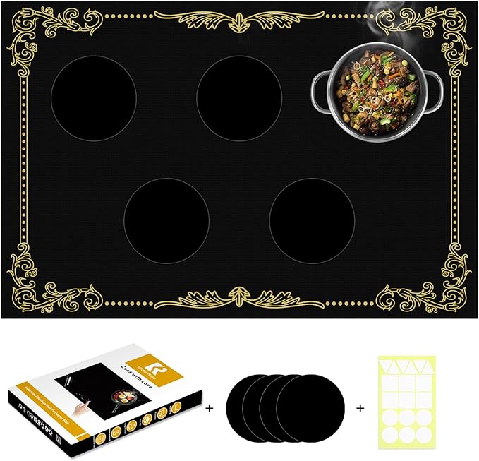 Large Newly-Enhanced Silicone Induction Cooktop Protector Cover Stove Mat 20.4"x30.7" (Magnetic) | 300°C (572°F) Heat-Resistant | Power Boost Compatible | Prevents Pot Sliding & Scratches,Black_Gold1