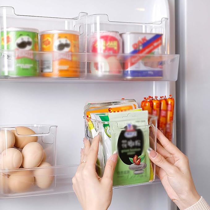 Crystal Clear Freezer Storage Bins - 4 Pack Stackable Freezer Organizer Bins, Clear Plastic Kitchen Cabinet Organizer for Meat, Veggies & Fruit (White, 4pcs-S)