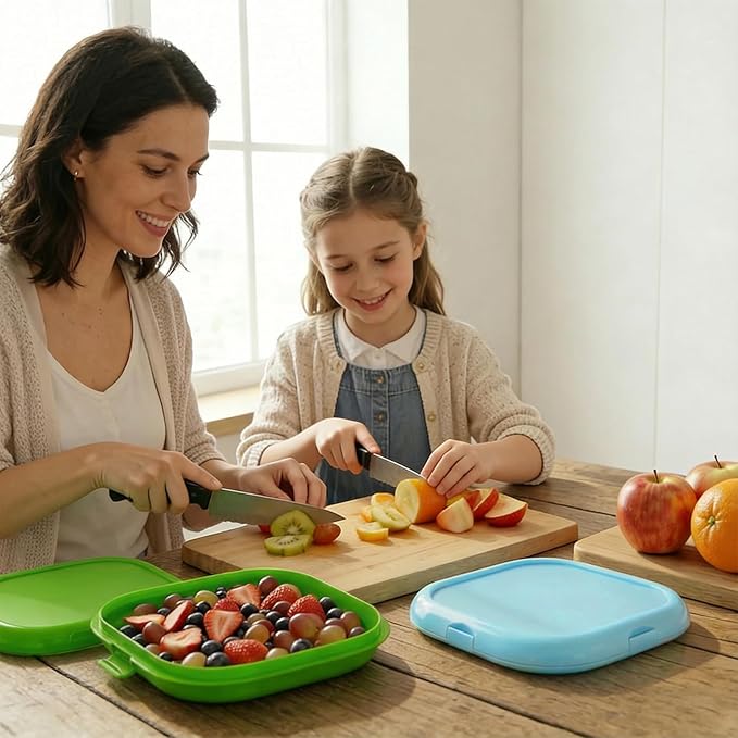 2 Pack Reusable Silicone Storage Boxes, Avocado Saver & Onion Storage for Avocado, Cut Onions, Tomatoes, Garlic and Leftovers in Fridge (Blue/Green)
