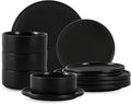 12 Piece Dinnerware Set, Modern Minimalist Stoneware Plates and Bowls Sets, Modern Dinner Plate, Salad Plate, Cereal Bowl, Dish Set for 4, Microwave and Dishwasher Safe, Matte Black