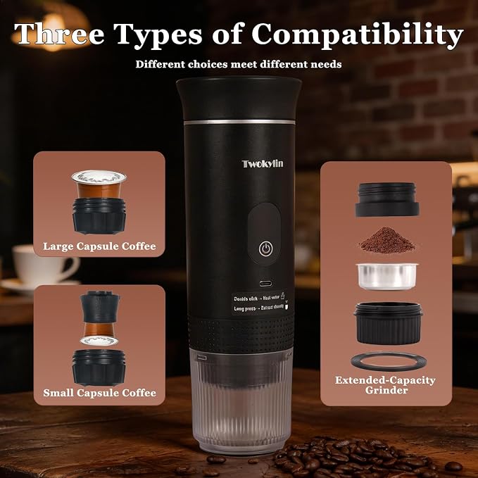 Portable coffee maker Espresso machine,Small battery-powered coffee cup Self-heating portable espresso capsule machine,3-IN-1 with ground coffee and capsules Great for hiking and camping
