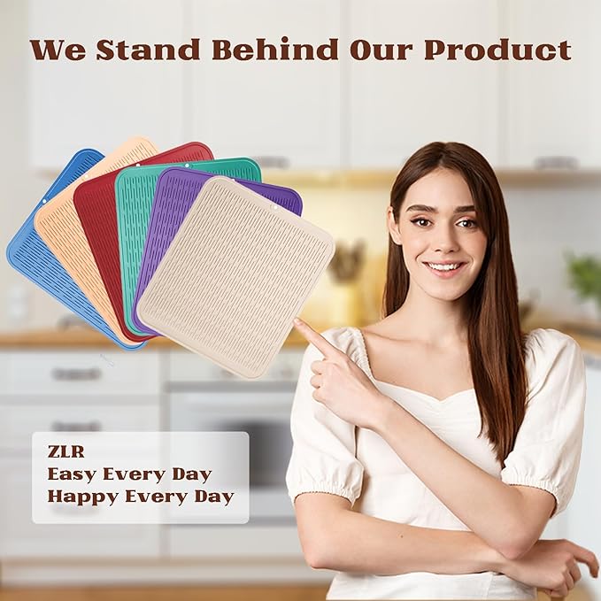 ZLR Large Silicone Dish Drying Mat (16" x 18") - XL Heavy Duty Drainboard Mat for Pots, Pans & Family Loads - Heat Resistant Trivet & Counter Protector, Easy Clean (Black)