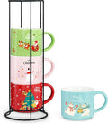 Set of 4 Stackable Christmas Mugs, 15.8 Oz Coffee Mug With Stand, Holiday Hot Cocoa Mugs for Mom Family Colleagues Friend & Farmhouse Cocoa Tray Decor
