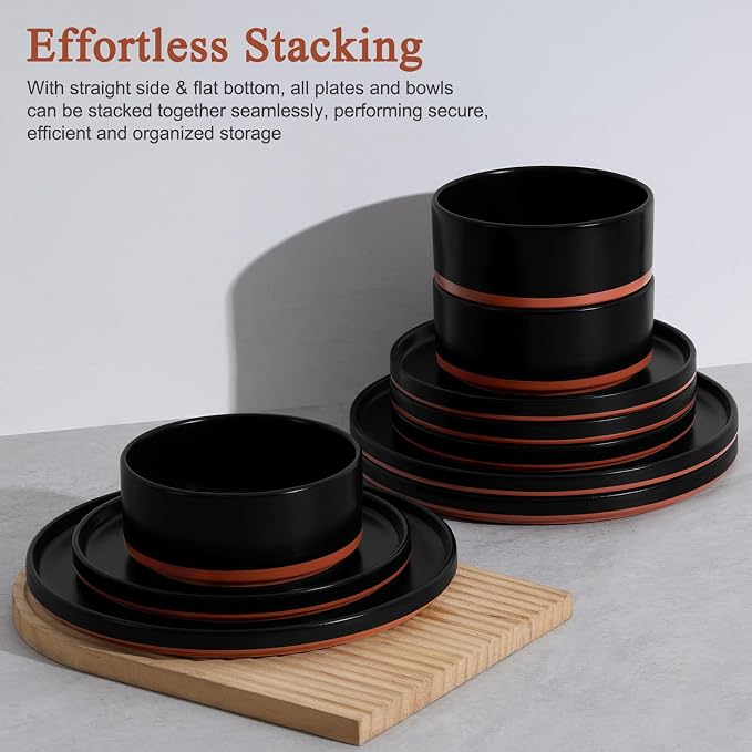 LIANYU Plates and Bowls Sets, 18 Pieces Stoneware Dinnerware Set for 6, Modern Kitchen Dinner Set Ceramic Dishware Dishes Set, Microwave and Dishwasher Safe, Charcoal Black