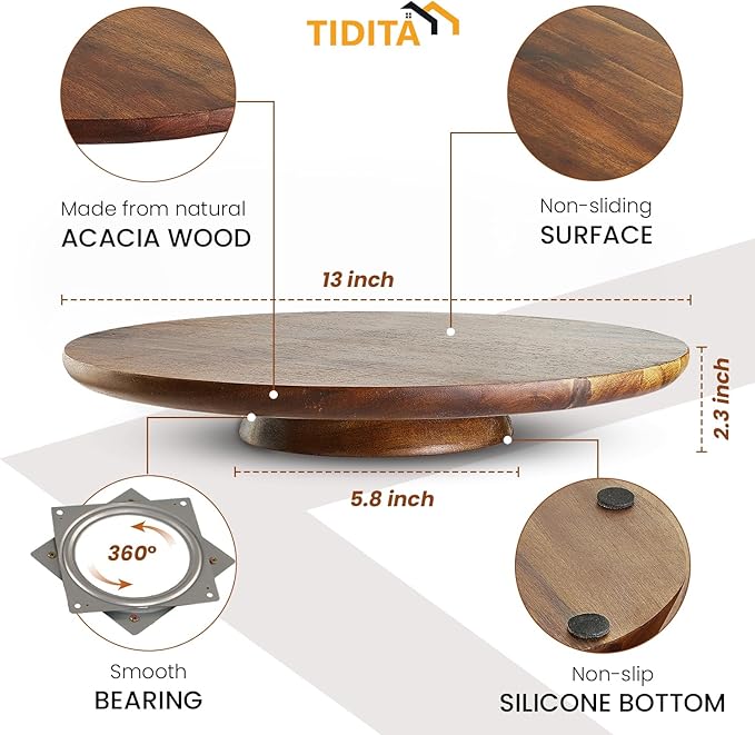 TIDITA 13" Acacia Cake Stand Rotating – Rustic Wood Pedestal Stands Turntable with 2 Icing Spatulas, 3 Smoothers – Wooden Spinning Cake Decorating Serving for Cupcake Dessert Display in Party, Wedding