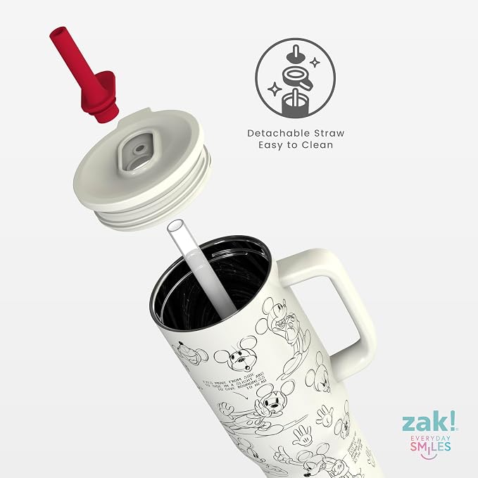 Zak Designs Disney Sutton Travel Tumbler for On the Go, 30oz Stainless Steel with Vacuum Insulation, Silicone Straw, and Carry Handle for Cold Drinks (Mickey Mouse Sketch)