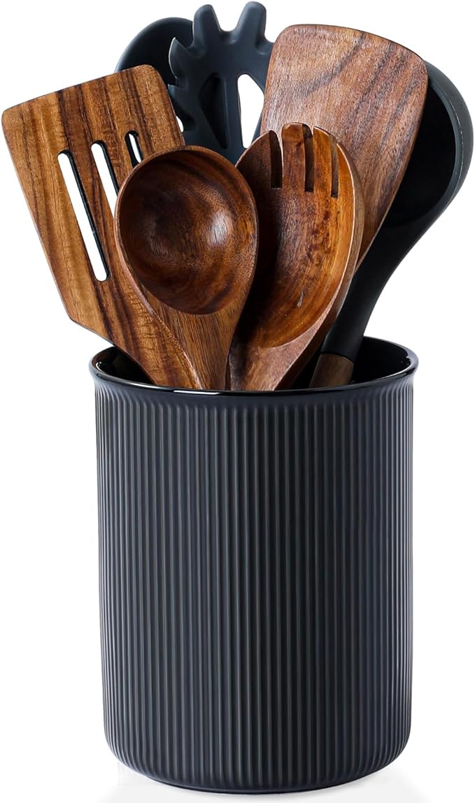 LoeJan Utensil Holder, Extra Large Utensil Crock, Stable Ceramic Utensil Organizer, Cooking Tool Organizer Set for Kitchen Counter Farmhouse Décor, Matte Black