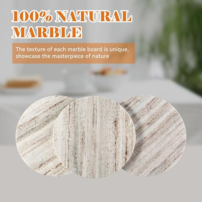 Koville Marble Cutting Board for Kitchen, 11"x11" Inches Small Stone Cutting Board, Round Marble Tray for Baking Charcuterie Pastry, Serving Tray for Countertop, Large Stone Slab