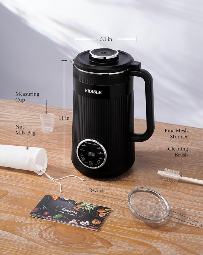 KIDISLE 32oz Nut Milk Maker Machine for Homemade Almond, Oat, Coconut, and Soy Milk, 8-in-1 Automatic Plant-Based Beverage Maker with 12H Delay Start, Keep Warm, Self-Cleaning & Boil Water Function, Black