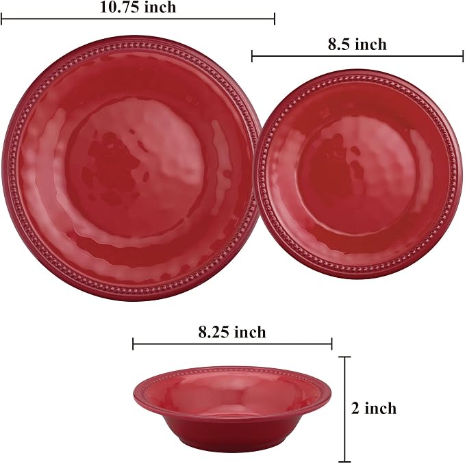 UPware 12 Piece Beaded Melamine Dinnerware Sets, Outdoor Dishes Set, Plates and Bowls Sets, Service for 4, Red