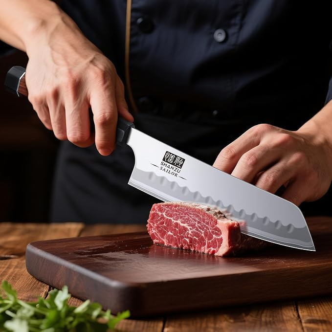 SHAN ZU 7 Inch Japanese Chef Knife, 9 Layers 10Cr15MoV High Carbon Steel Professional Kitchen Knife, Sharp Cooking Knife with Ergonomic Red Sandalwood Handle, Meat Cutting Sashimi Santoku Knife